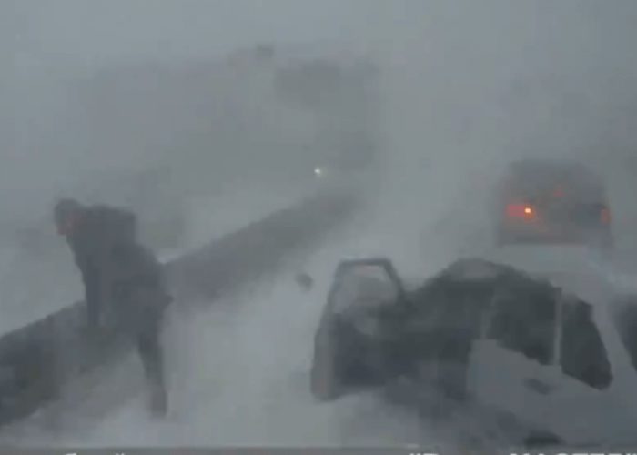 VIDEO: Truck Can’t Stop On Icy Road In Time