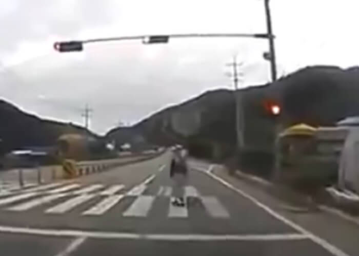 VIDEO: Warning From Driver Saves Pedestrian From Truck