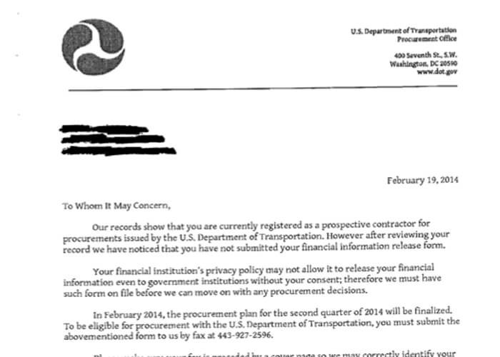 Fraudulient DOT Letter 2 19 2014