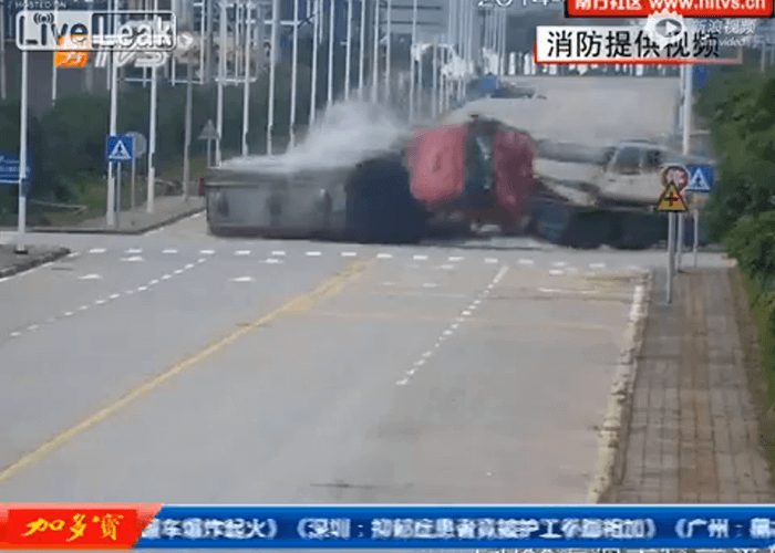 Video: Driver Runs For His Life After Fuel Tanker Collides with Crane Truck