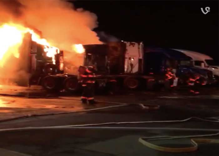 Video: Three Trucks Catch On Fire At California Truck Stop