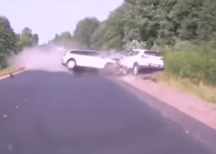 VIDEO: Oncoming Car Clips Truck and Crashes Into Car