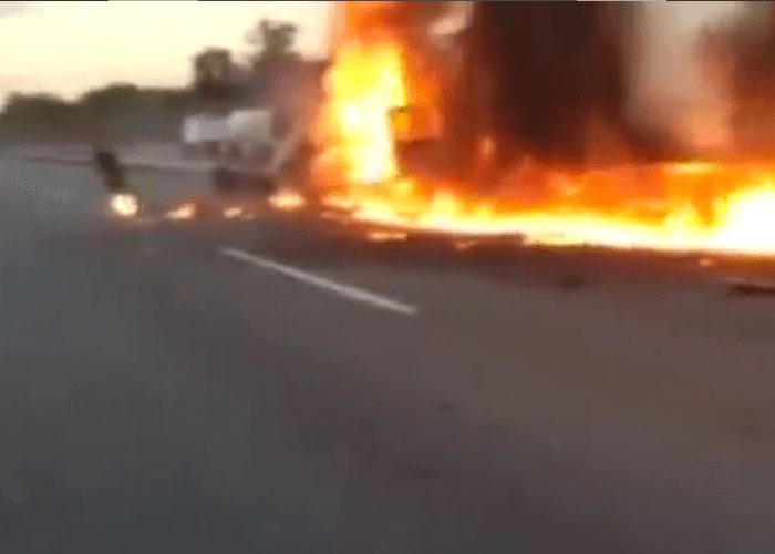 VIDEO: Truck Driver Escapes From Burning Rig With Pant Leg On Fire