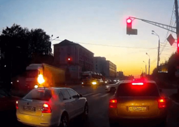 VIDEO: Truck With Burning Brakes Hits Cars At Red Light