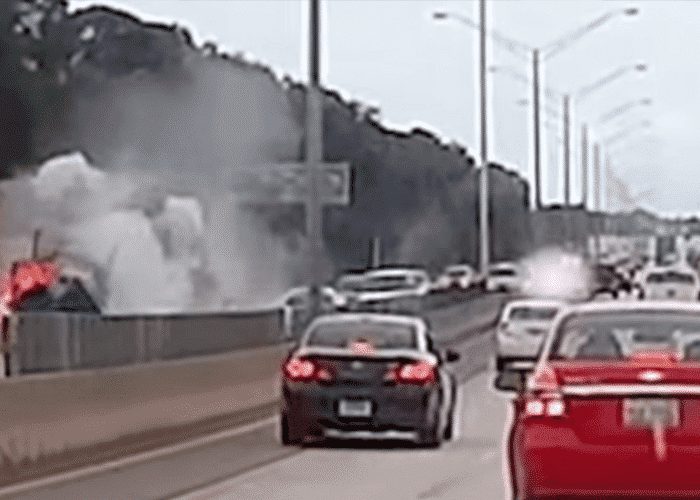 VIDEO: Runaway Truck Hits Barrier And Catches Fire