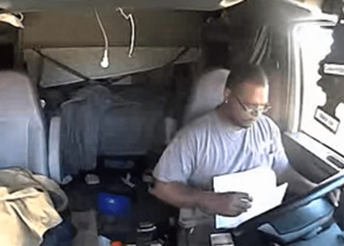 VIDEO: Truck Driver Reading While Driving Runs Off Road