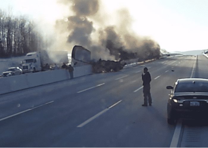 VIDEO: Student And Trainer Help Fellow Trucker After Fiery Explosion