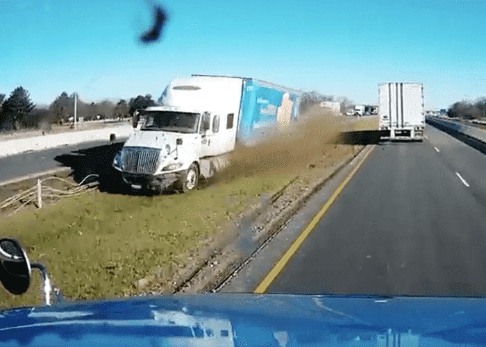 VIDEO: Trucker Has Terrifying Encounter With Big Rig In Median