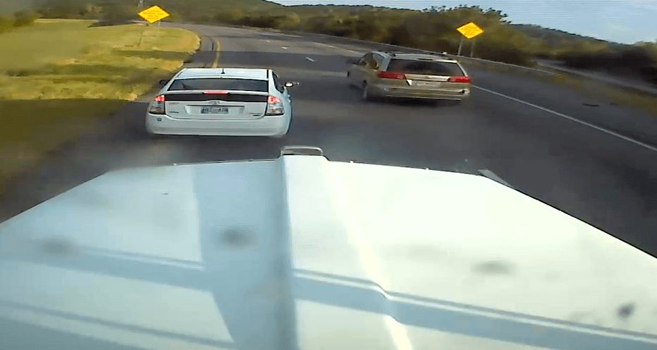 VIDEO: Minivan Causes Semi To Crash Into Prius