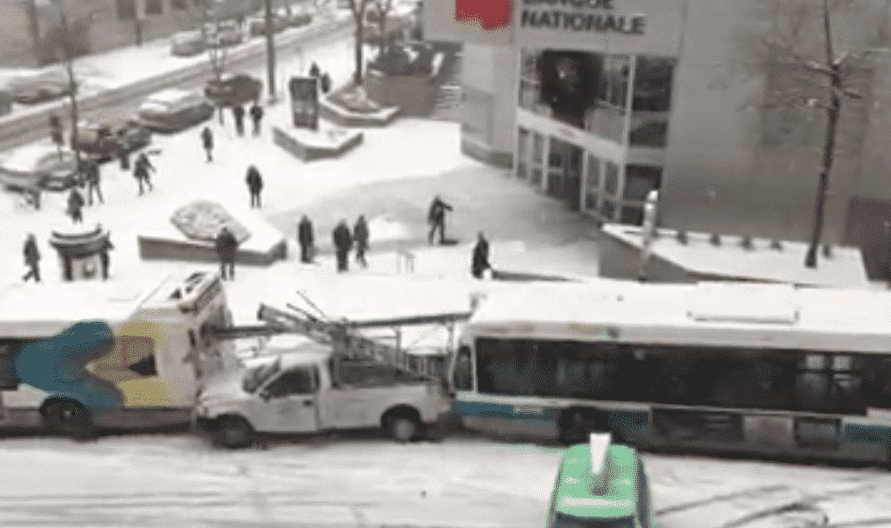 VIDEO: Icy Montreal Pile Up Claims Two Buses, Snow Plow, Police Car