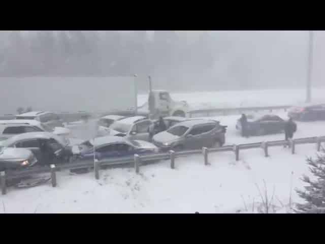 VIDEO: Drivers Flee From Messy 50 Vehicle Pileup in Quebec