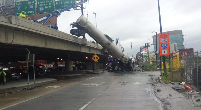 Tanker Falls Off Overpass In Downtown St. Louis