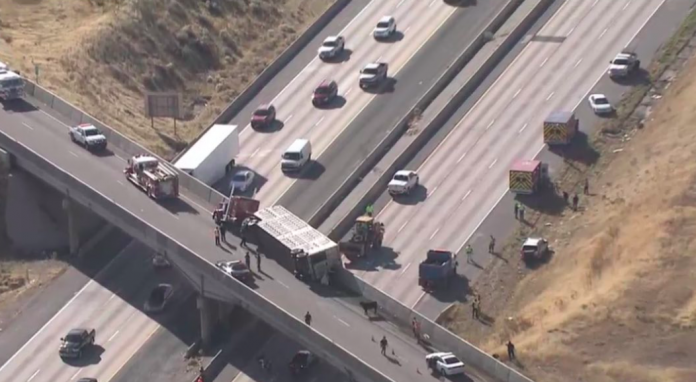Truck crash spills cattle off of overpass onto I-15 below