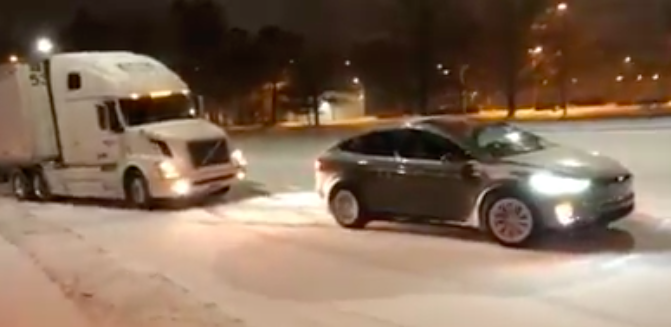 VIDEO: Tesla Model X tows stuck semi truck