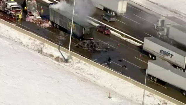 Multiple lanes of southbound I-94 in Gurnee, Illinois, are closed after a truck fire and a crash involving several commercial vehicles.