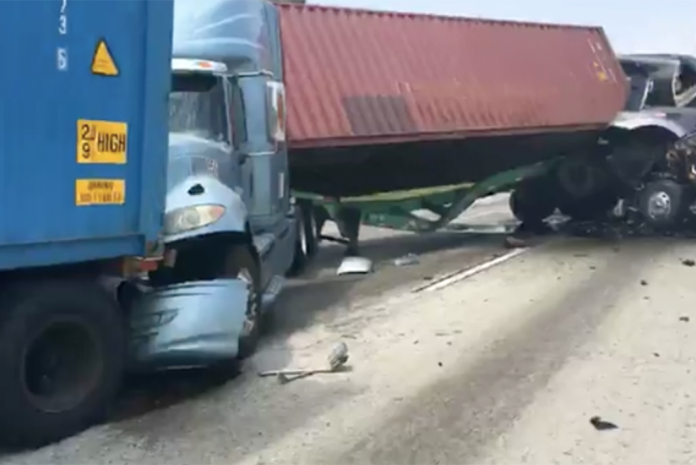 Eight Big Rigs Collide On Highway 60