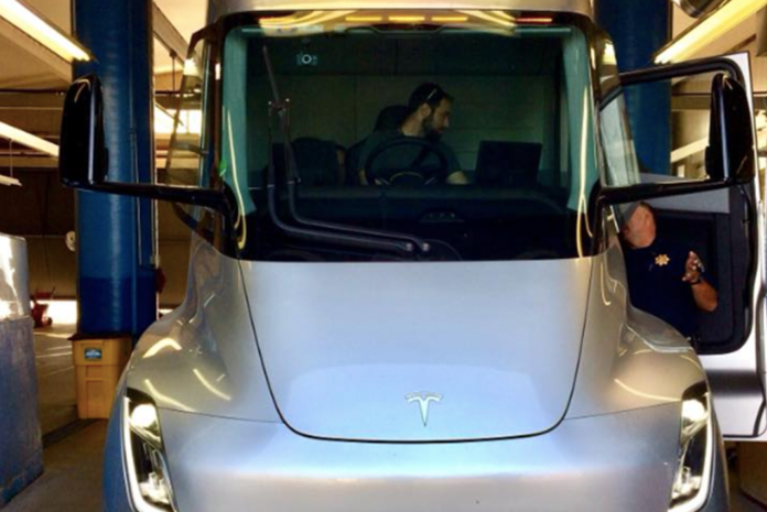 California troopers pull in a Tesla Semi for inspection