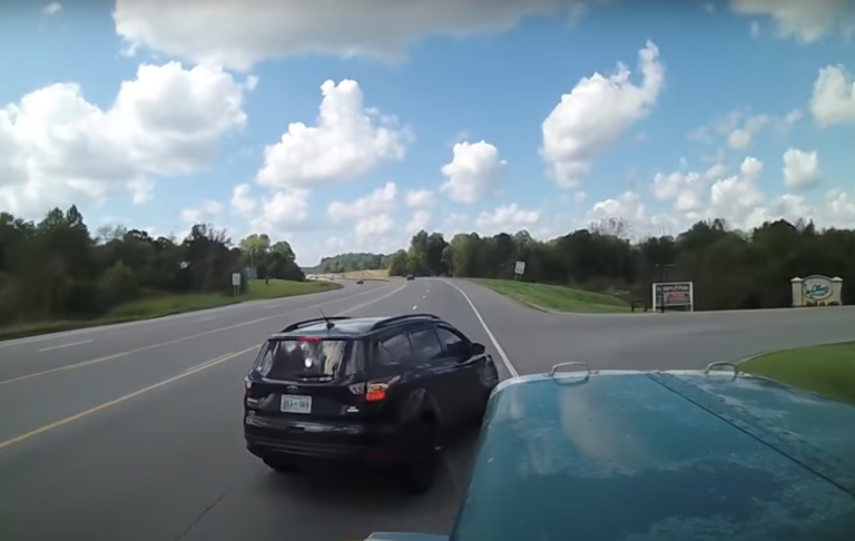 VIDEO: Car driver finds out what happens when you cut off an 18 wheeler