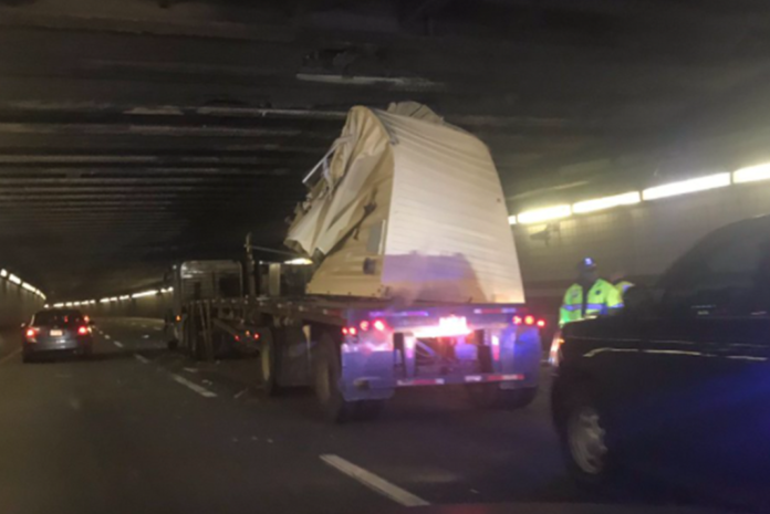Caught on camera- Big rig bangs Boston tunnel ceiling