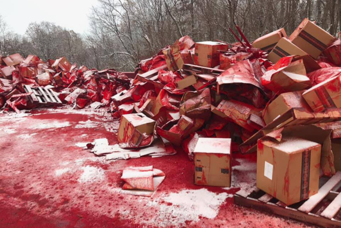 This interstate is blood red after a semi truck spilled its load