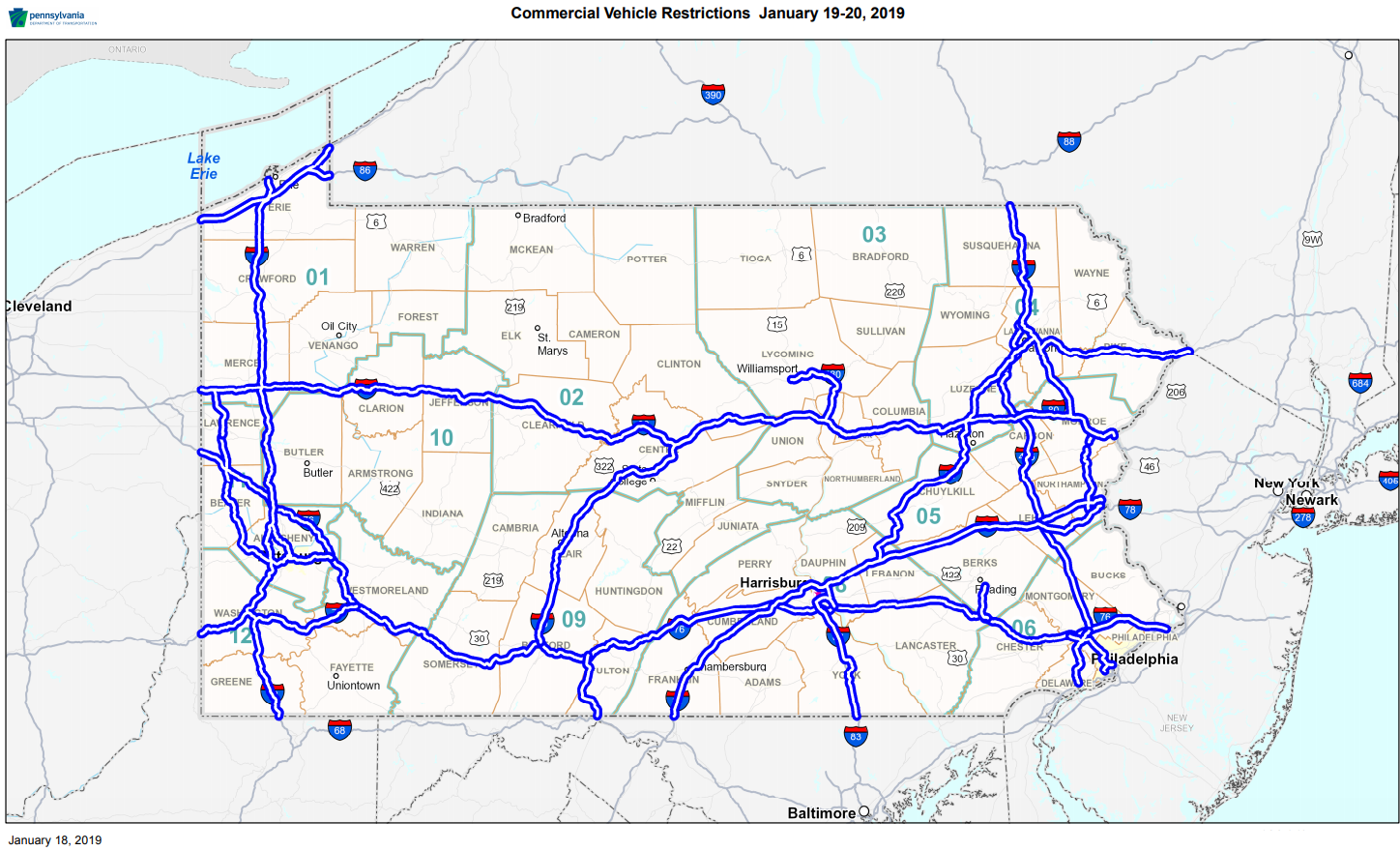 Pennsylvania To Ban Trucks On Most Interstates And Turnpike This Weekend   Pennmap 