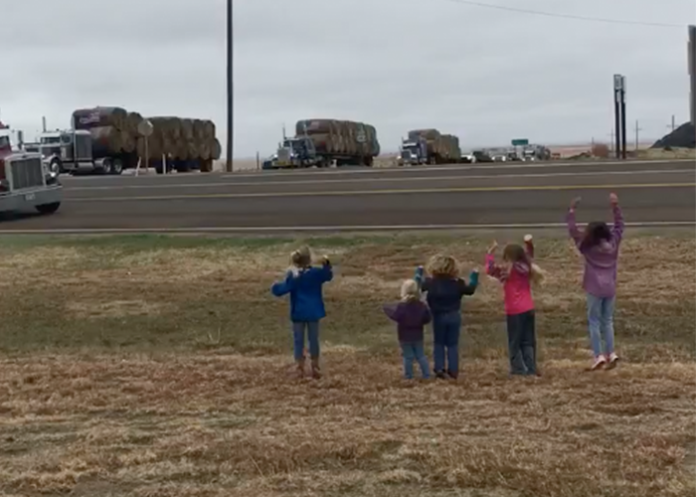 Kids come out to cheer for truckers hauling relief supplies