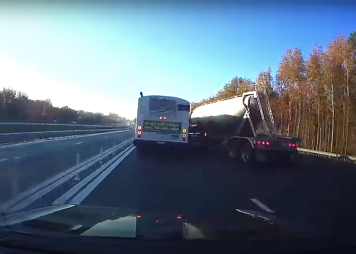 Truck and bus make SUV sandwich in jaw-dropping dash cam video