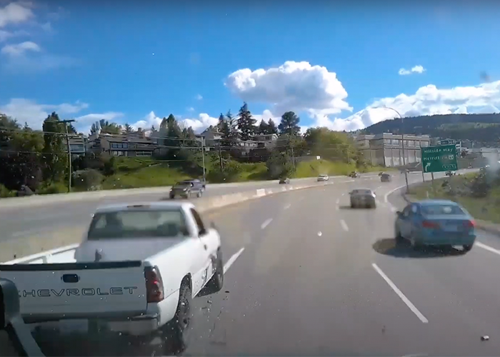 Pickup sideswipes semi truck at highway speeds, doesn’t appear to even tap brakes