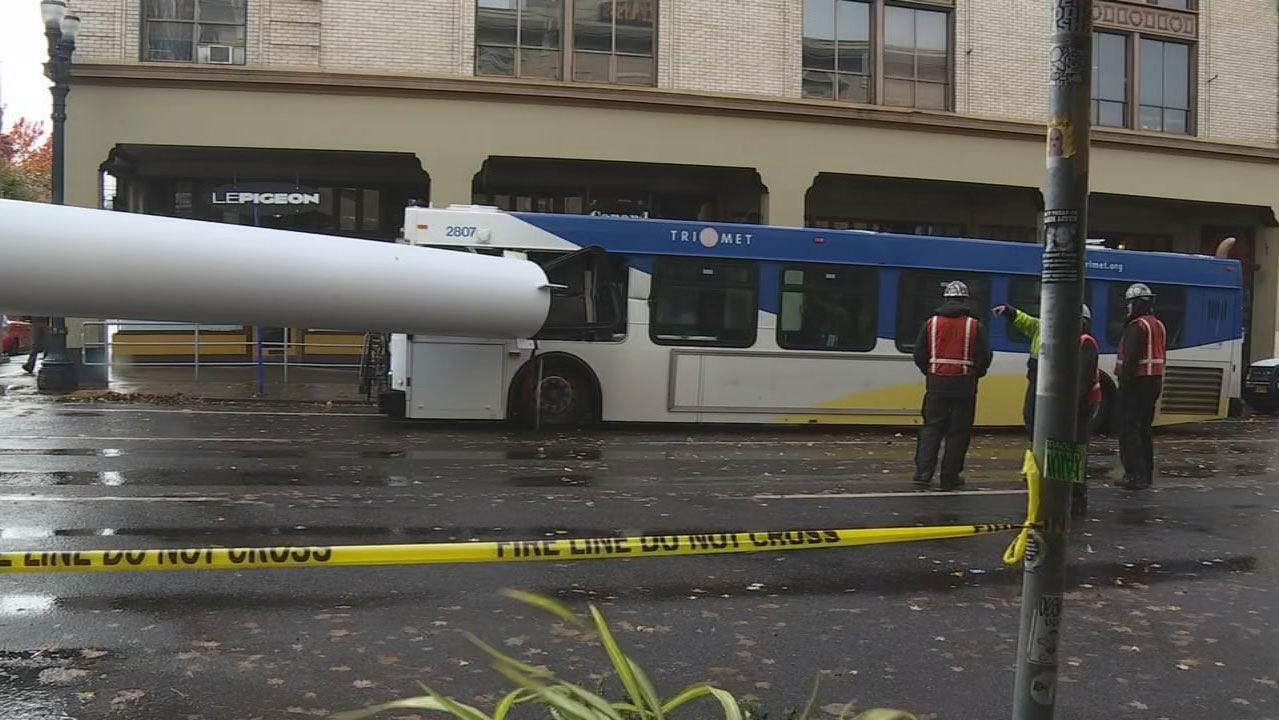 Steel beam pierces bus window after big rig’s misjudged turn