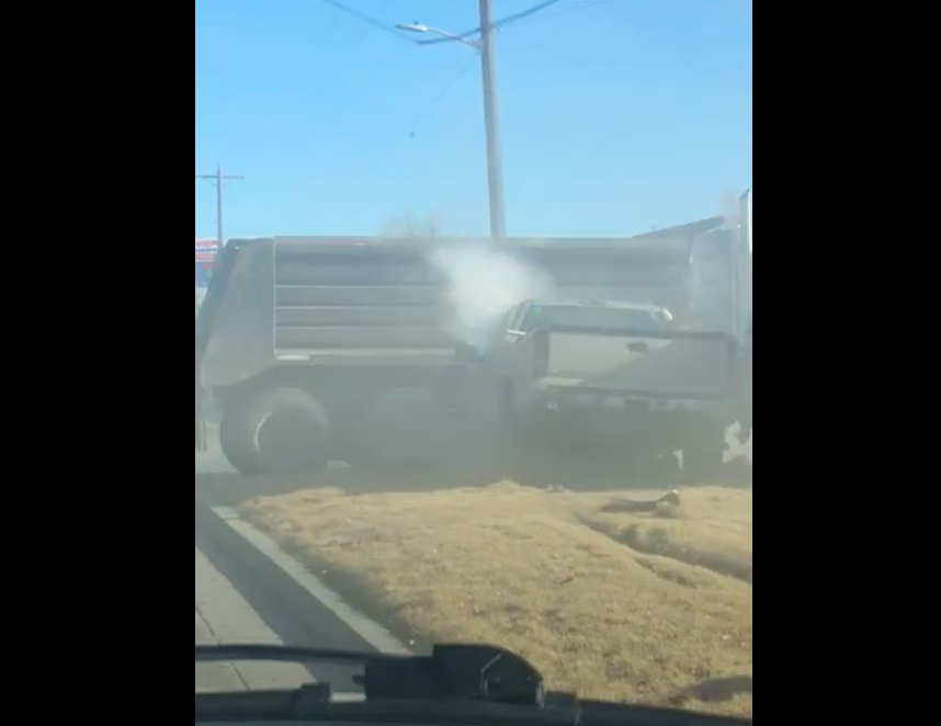 VIDEO: Pickup veers off the road, hits boulder, launches off dump truck