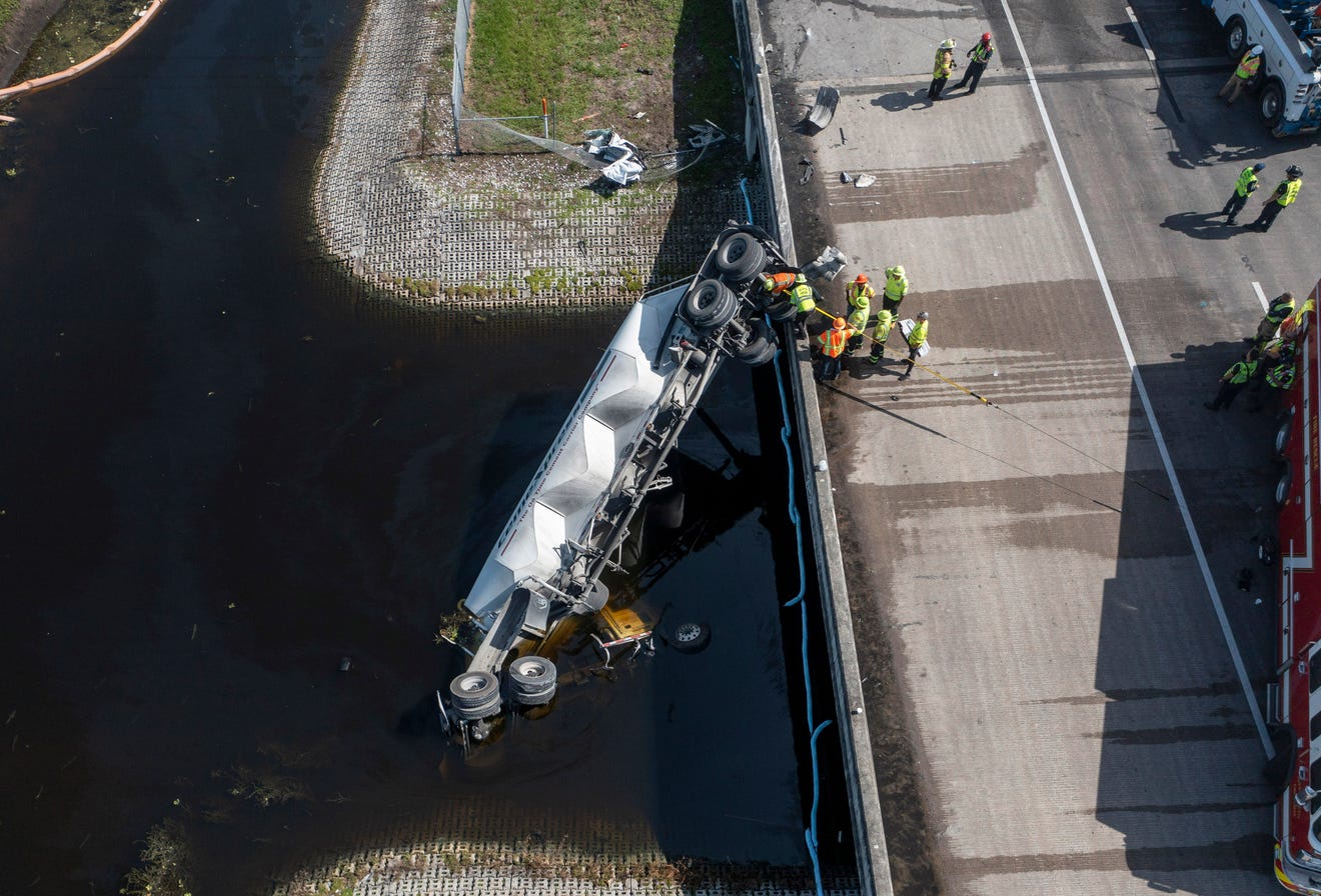 Trucker, motorist perish after semi truck flips off bridge into canal