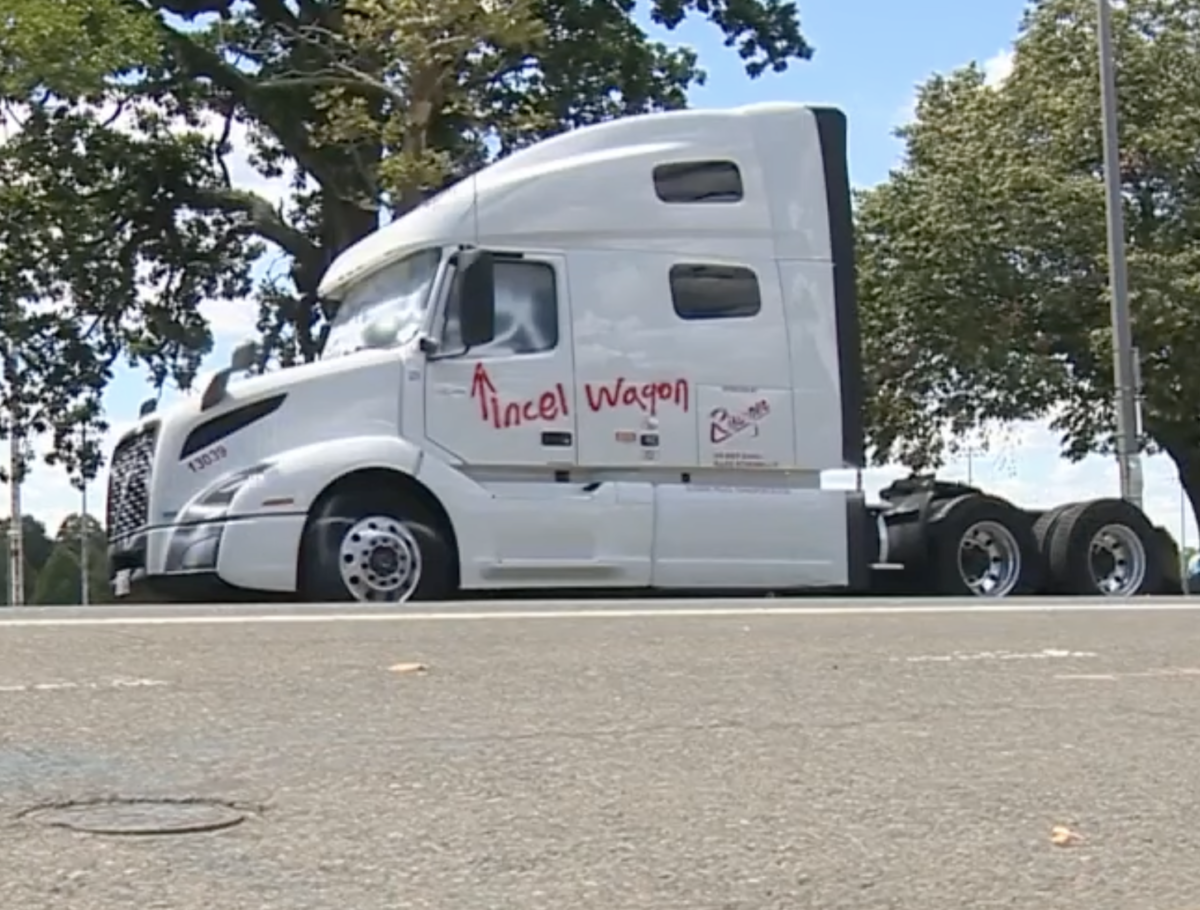 Rude graffiti leaves trucker without rig while truck is repainted