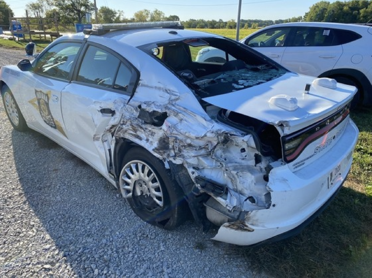 Indiana trooper injured when her stopped cruiser was sideswiped by a tanker truck