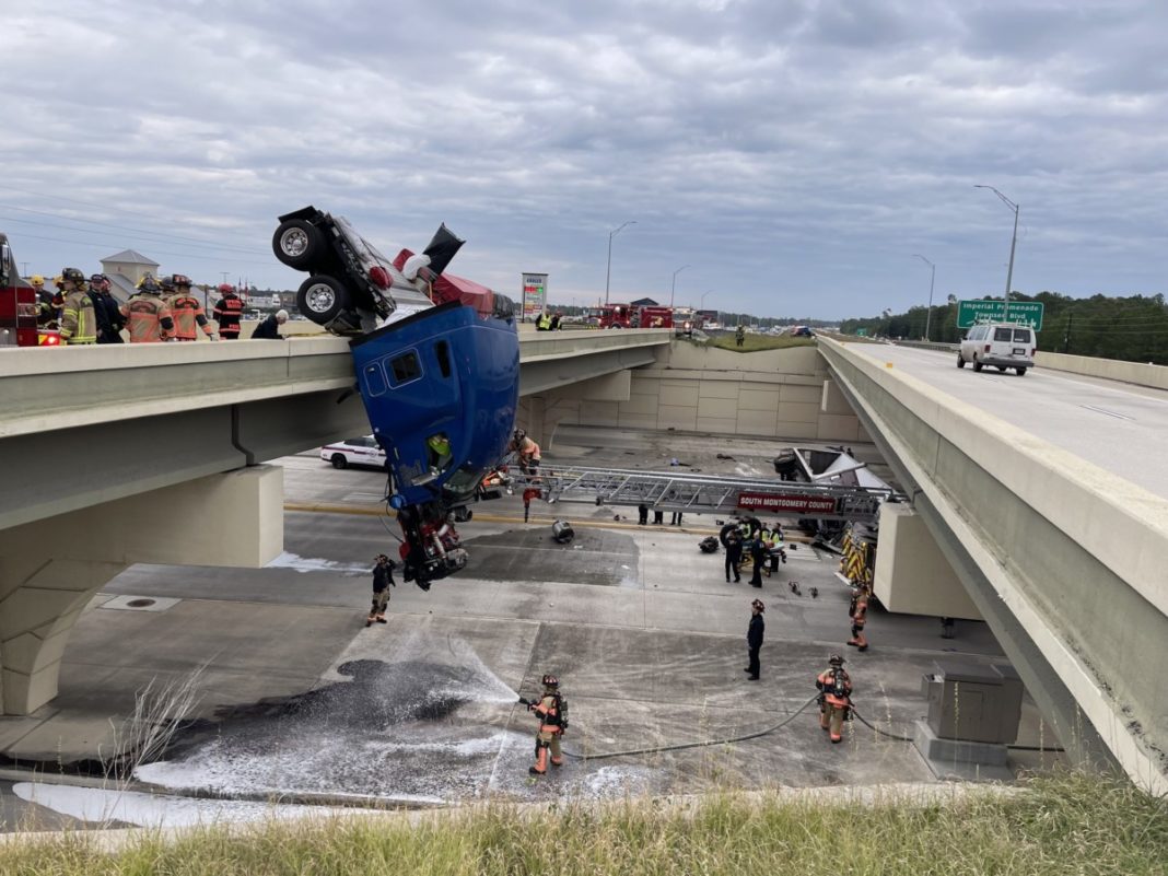 Crash Leaves Semi Dangling From Overpass In Texas