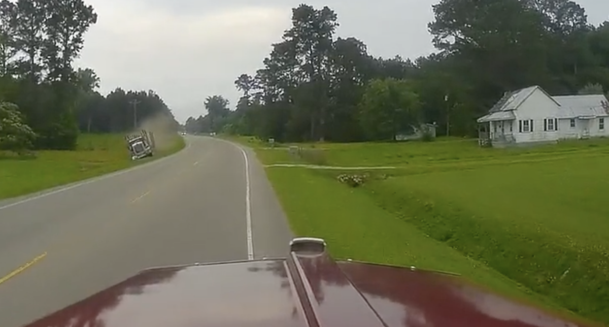 VIDEO: Trucker rides an open drainage ditch like a bucking bronco 