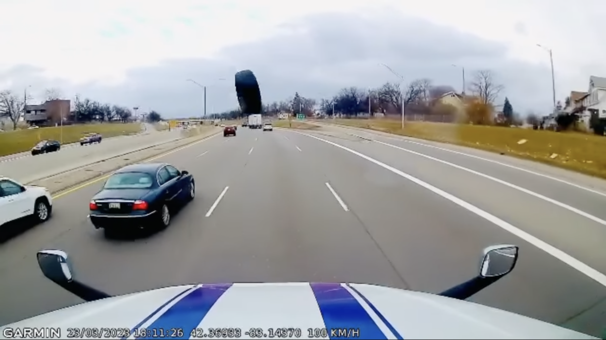 VIDEO: Wayward tire demolishes big rig windshield