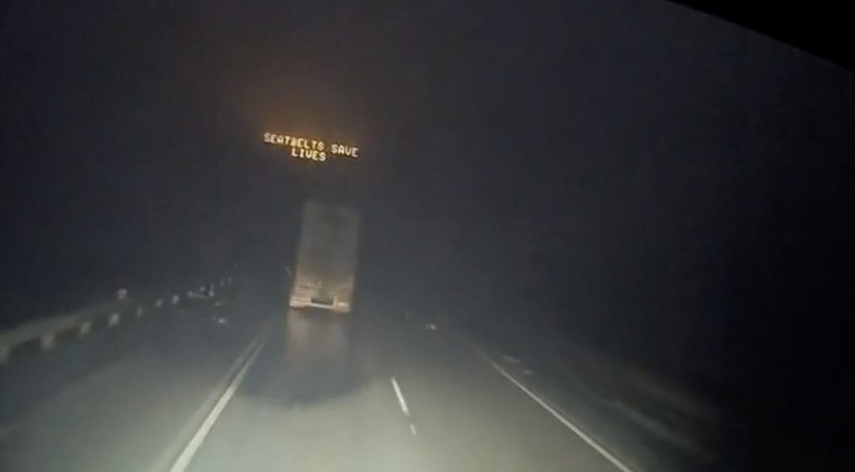 Watch as a trucker is thankful for automatic collision warning for once