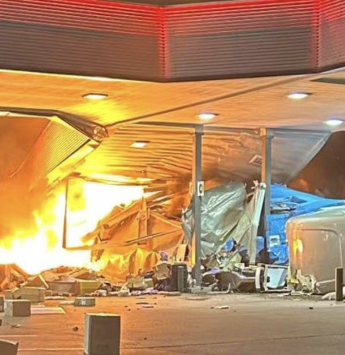 Trucker uninjured after “unsafe speed” causes explosion in gas station parking lot 