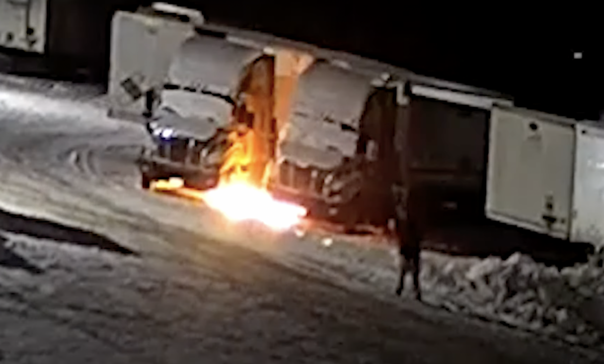 Video shows suspect lighting big rigs on fire in commercial truck yard