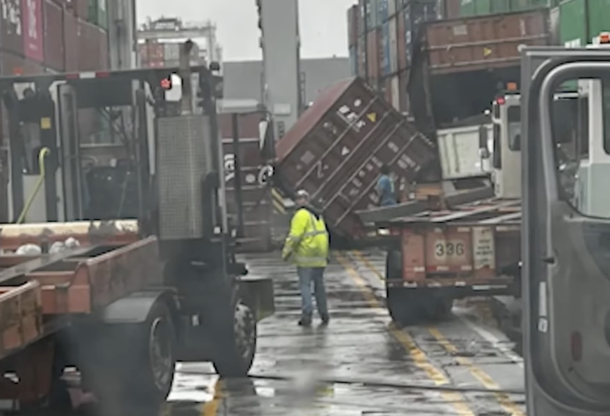 Yard jockey trapped by shipping container toppled by strong winds at Port of Savannah