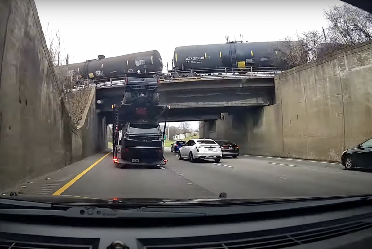 VIDEO: Clueless car hauler hits three railroad bridges