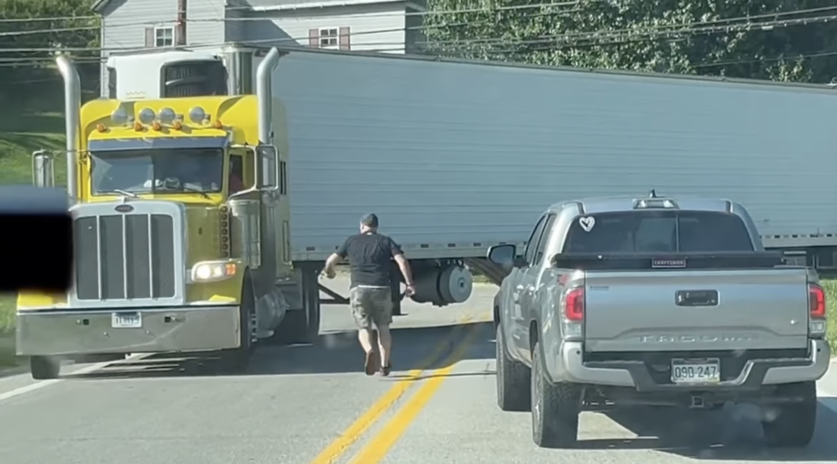 Video shows pickup driver jumping on semi’s steps, then fleeing when confronted by trucker