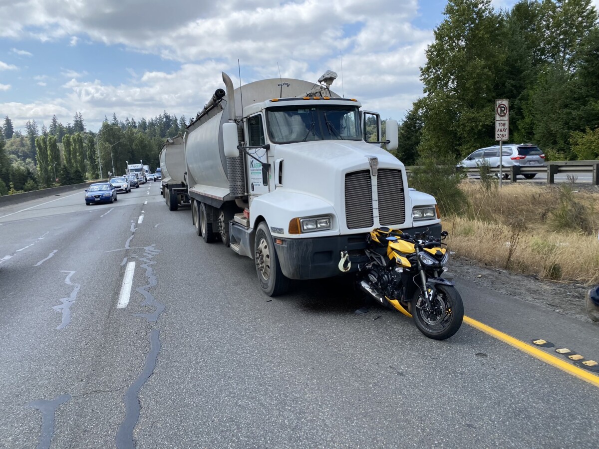 Motorcycle takes a hit from commercial vehicle with ‘major brake issues’