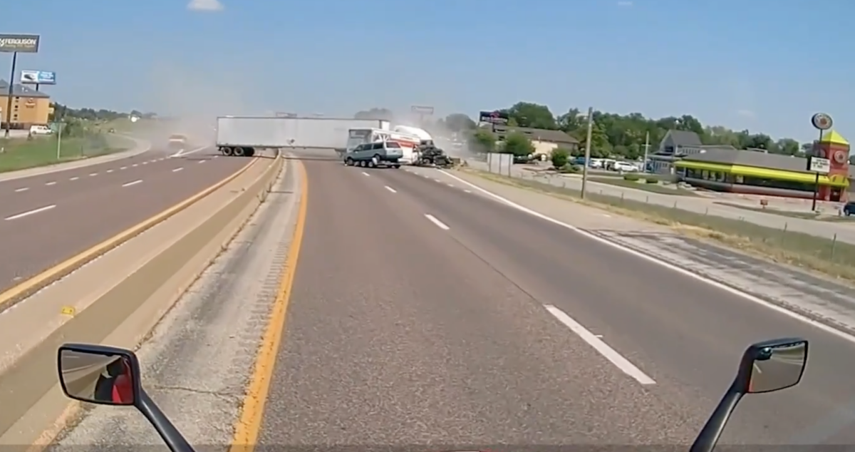 Two dead in seven vehicle crash after semi crosses I-70 median