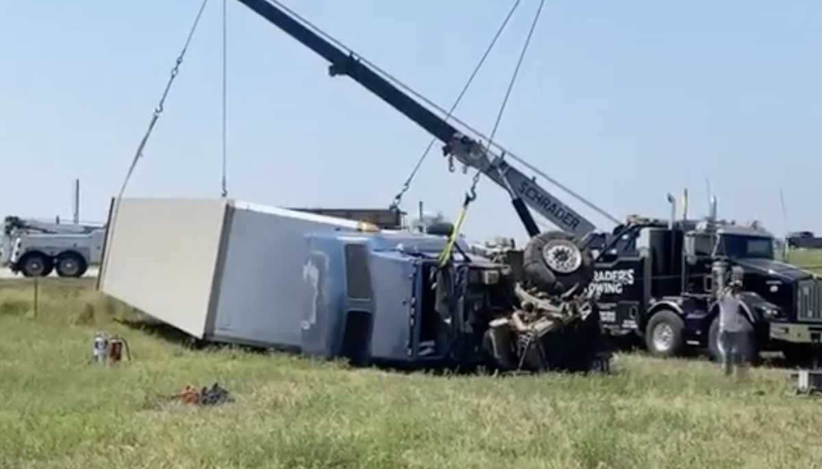 Steer tire blowout sends rig veering across interstate