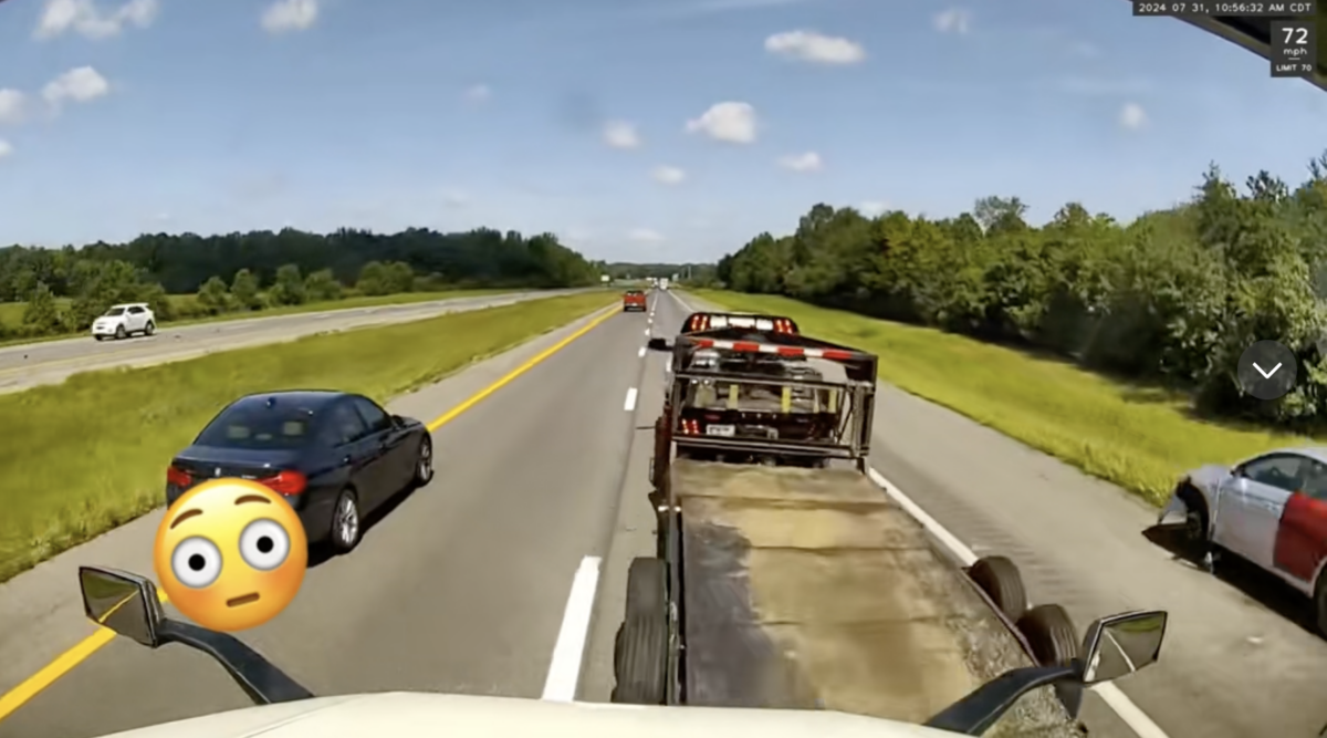 Wild dash cam video shows truck driving up on pickup’s trailer after sudden traffic slowdown