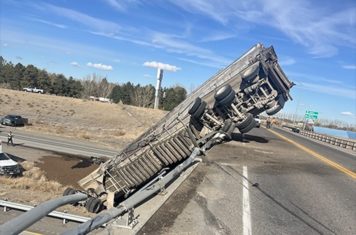 Trucker flown to hospital after swerving off overpass to miss car