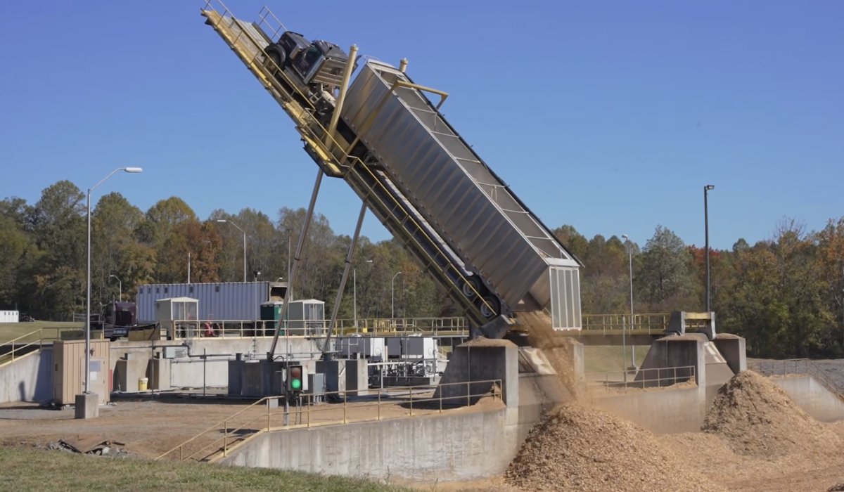 Video shows truck tipper in action to unload wood chips