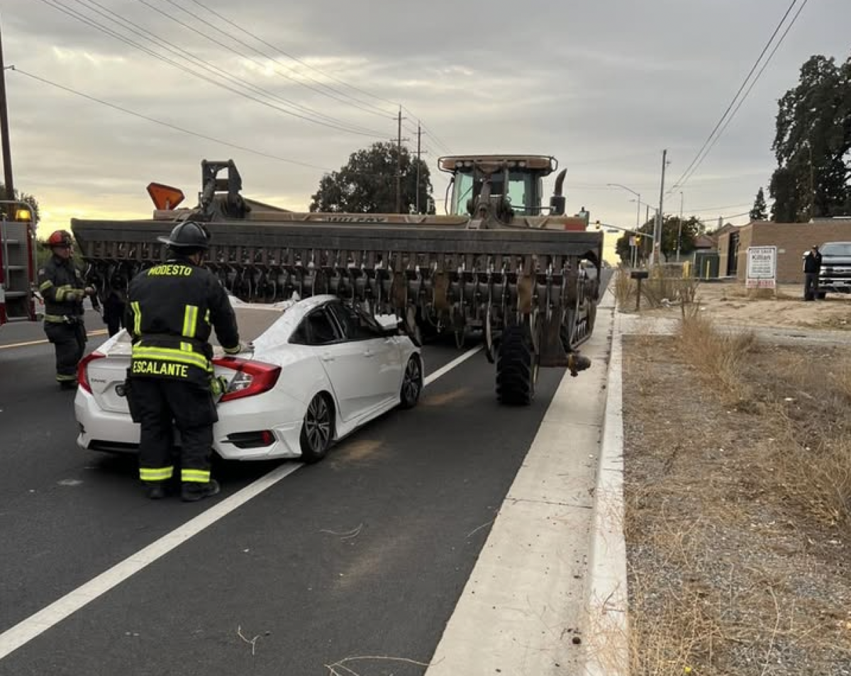 Sedan driver survives crash with farming tractor, CHP says