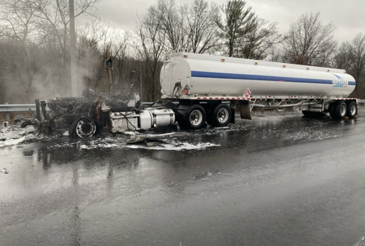 Semi truck cab incinerated in fire on I-91